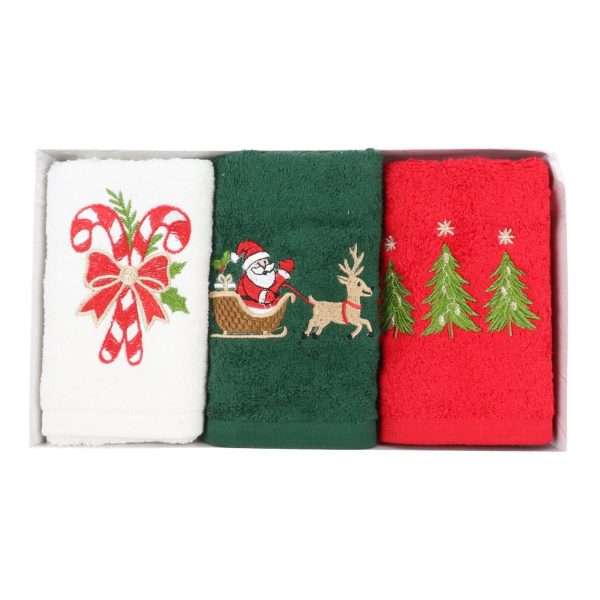 Set Prosoape Bucatarie Craciun, 3 Bucati, 30 x 50 cm, Bumbac 500 g/mp, Broderie Mos Craciun, Brazi si Acadele, Multicolor