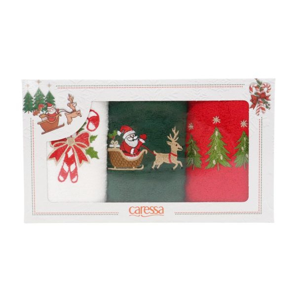 Set Prosoape Bucatarie Craciun, 3 Bucati, 30 x 50 cm, Bumbac 500 g/mp, Broderie Mos Craciun, Brazi si Acadele, Multicolor