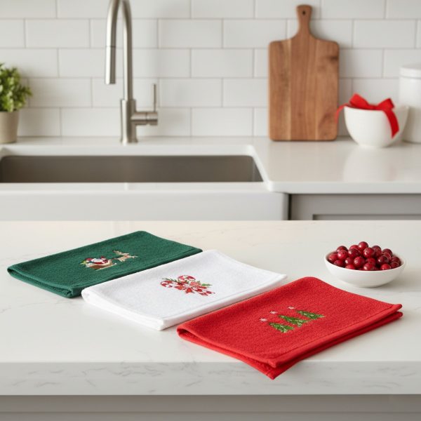 Set Prosoape Bucatarie Craciun, 3 Bucati, 30 x 50 cm, Bumbac 500 g/mp, Broderie Mos Craciun, Brazi si Acadele, Multicolor