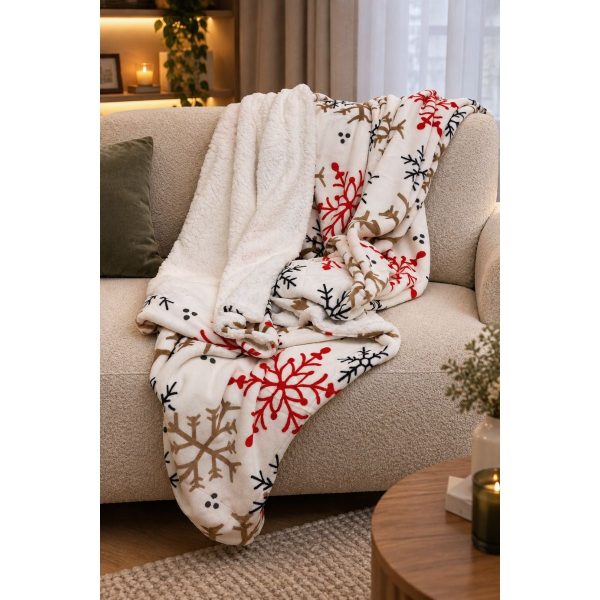 Patura Pat Craciun, 160 x 220 cm, pentru 1 Persoana, Doua Fete, Imprimeu Fulgi de Zapada Colorati, Spate Sherpa, Poliester, Multicolor