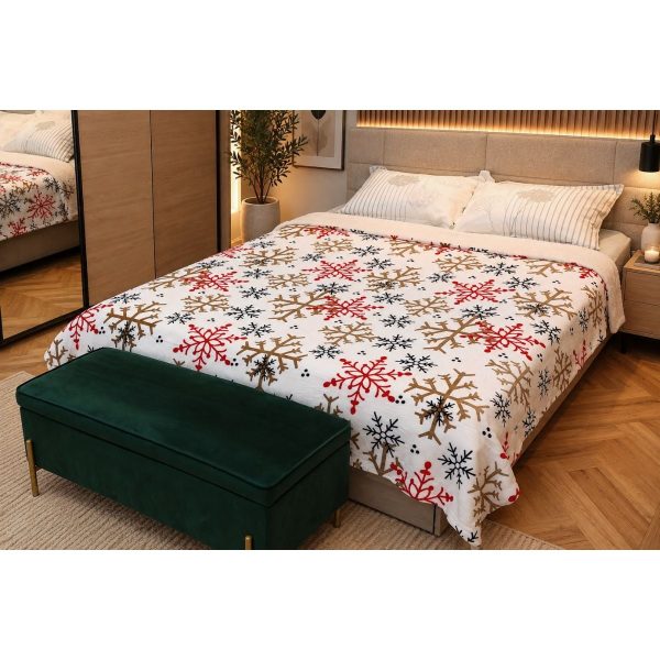 Patura Pat Craciun, 200 x 220 cm, pentru 2 Persoane, Doua Fete, Imprimeu Fulgi de Zapada Colorati, Spate Sherpa, Poliester, Multicolor
