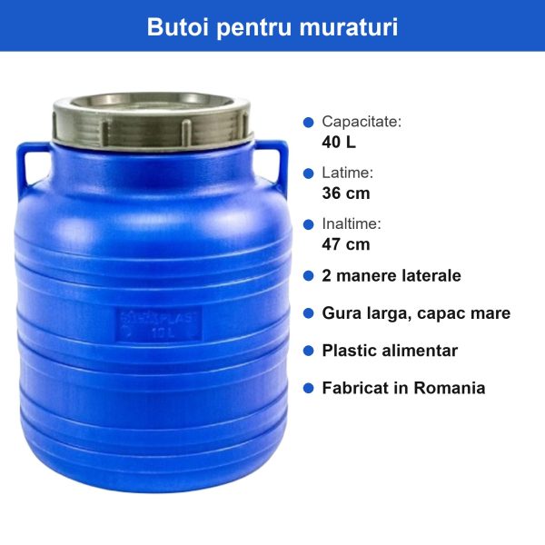 Butoi Plastic pentru Muraturi, 40 L, Gura Larga cu Capac, 2 Manere Laterale, Recipient Alimentar pentru Depozitare, Albastru