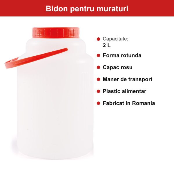 Bidon Plastic pentru Muraturi, 2 L, Rotund, Capac Rosu, Maner de Transport, Recipient Alimentar pentru Depozitare, Alb