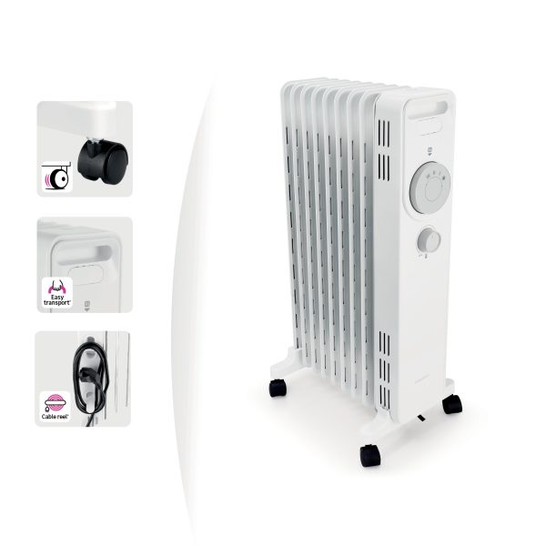 Calorifer Electric pe Ulei, 2000 W, 3 Trepte 800/1200/2000 W, Termostat Mecanic, Roti si Maner, Anti-Rasturnare, pentru 16 mp, Alb